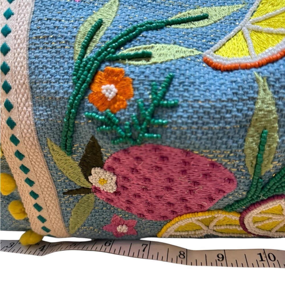 Beach Bag Express Edit Tote-Blue Tropical Embroidered Tote Bag with Pom-Pom Trim - Picture 11 of 16